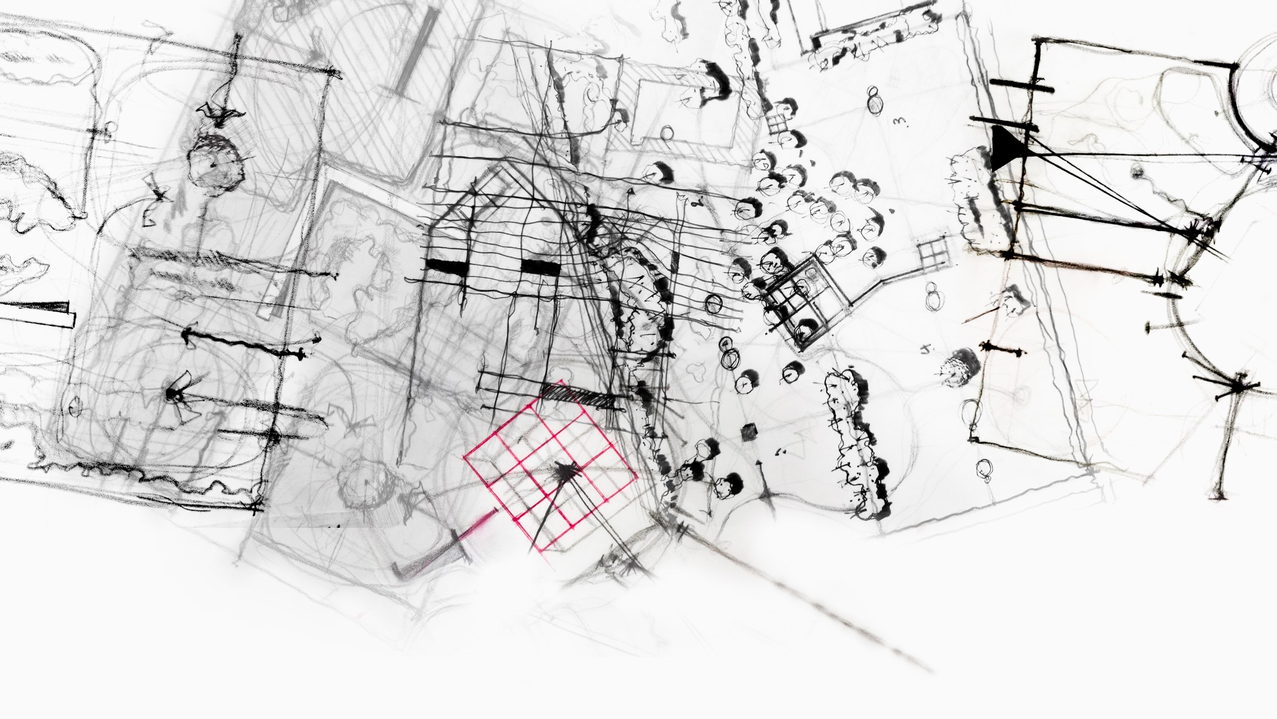 Hand-drawn concept plan in pencil and ink, drawn wide across overlaid sheets: site layout with tree canopies, hatched terraces, planting beds and circulation lines, with a red grid study set into the middle of the sheet.