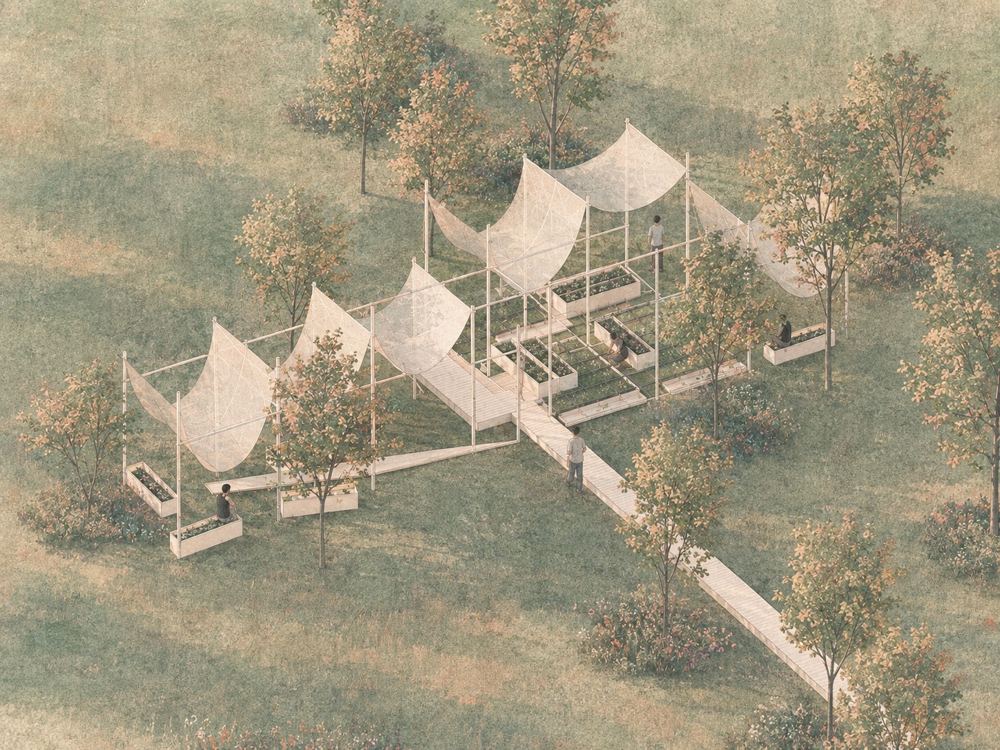 Axonometric render of a garden pavilion — slender posts carrying pale fabric sail canopies over raised timber planting beds, boardwalks threading between them, people tending the beds and sitting on the planter edges in an orchard of young trees.